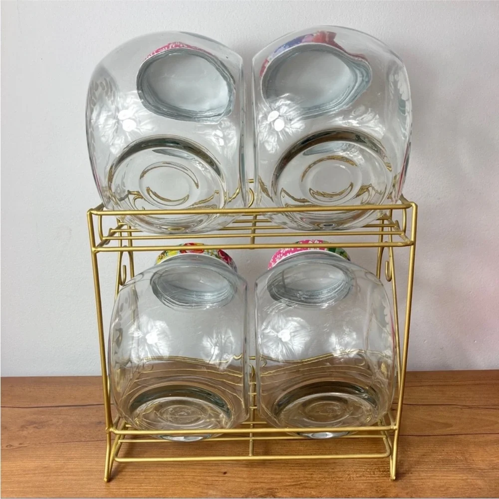 RARE! The Pioneer Woman Floral Medley Glass‎ Storage Jars with Metal Rack